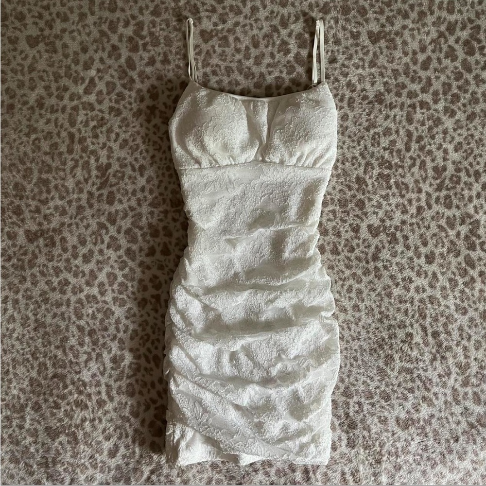 Emerald Sundae White Sparkly Lace Ruched Bodycon Mini Dress
